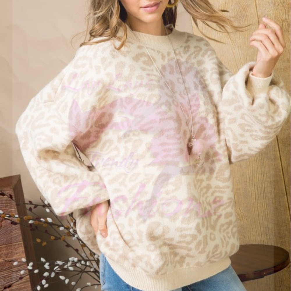 Leopard Print Long Sleeve Sweater- TAUPE - Picture 6 of 7